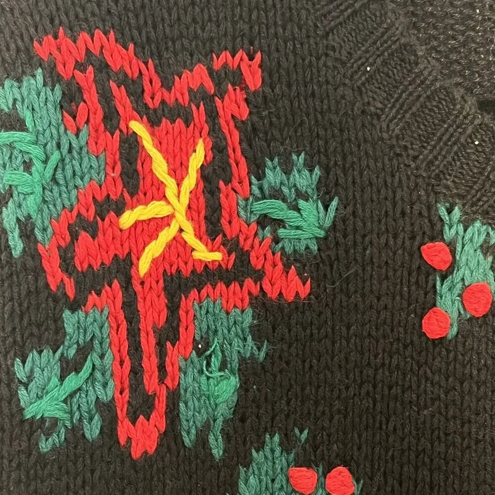 Vtg Womens Size XL Christmas Poinsettia Knit Laura Gayle Cardigan Black Red